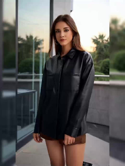 Effortless Leather Shirt Jacket for Women with Collar Button Front Relaxed Style