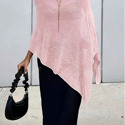 Elegant Poncho Shirts for Women with Half Zip Long Sleeve Asymmetric Hem Style