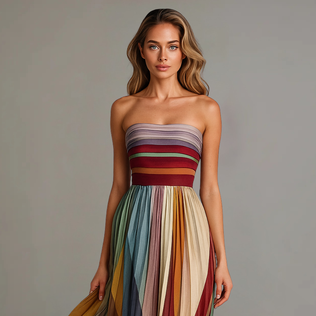 Elegant Striped Strapless Maxi Dress for Women with Pleated Flowing Formal Wedding Guest Style