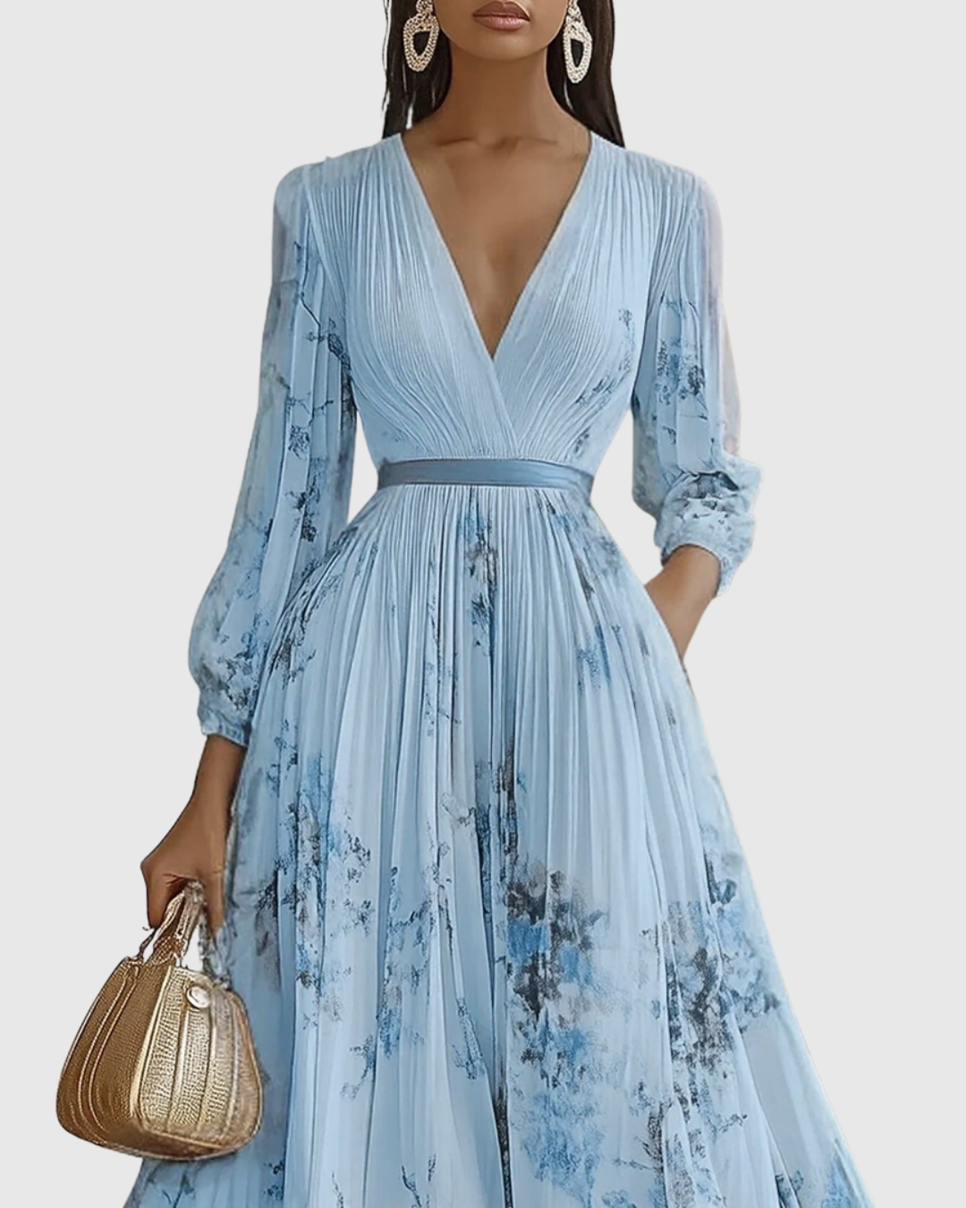 Elegant Floral Pleated Maxi Dress for Women with Deep V-Neck Sleeveless Belted Formal Wedding Guest Style