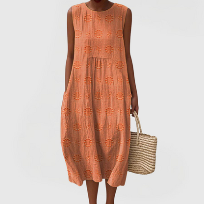 Effortless Embroidered Linen Casual Dresses for Women with Round Neck Sleeveless Pocket Midi Style