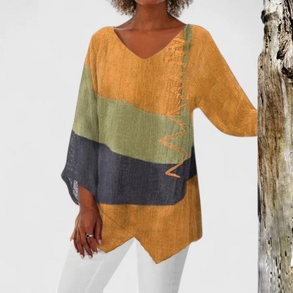 Stylish Color Block Tunic for Women with V-Neck Elbow Sleeve Asymmetric Hem Relaxed Casual Style