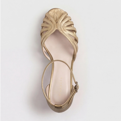 Comfortable Gold Heels for Women with Block Heel Ankle Strap Style