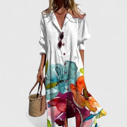 Effortless Floral Print Shirt Dress for Women with Button Down Long Sleeve Midi Style