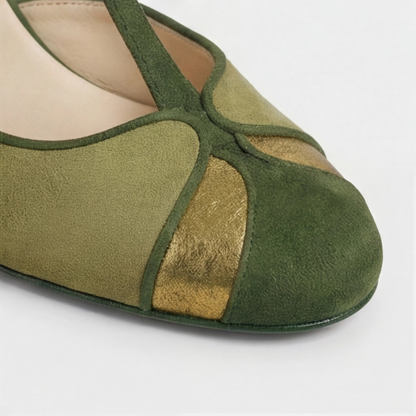 Comfortable Green Suede Heels for Women with T Strap Kitten Heel Buckle Style