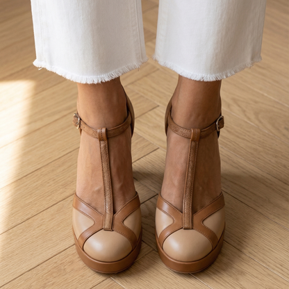 Comfortable Brown Heels for Women with T Strap Style