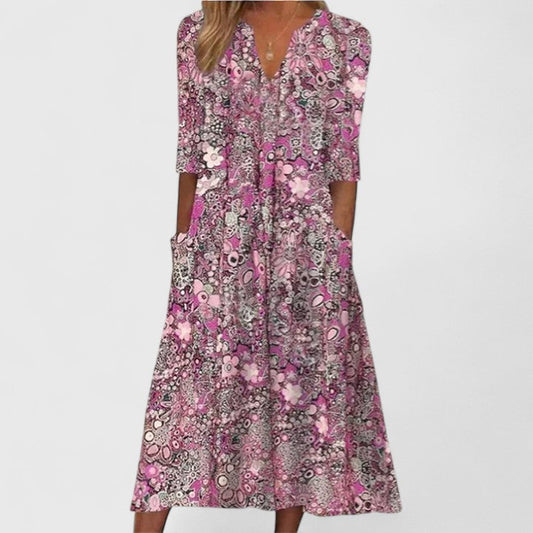 Effortless Floral Print Casual Dresses for Women with V Neck 3/4 Sleeve Relaxed Pocket Midi Style