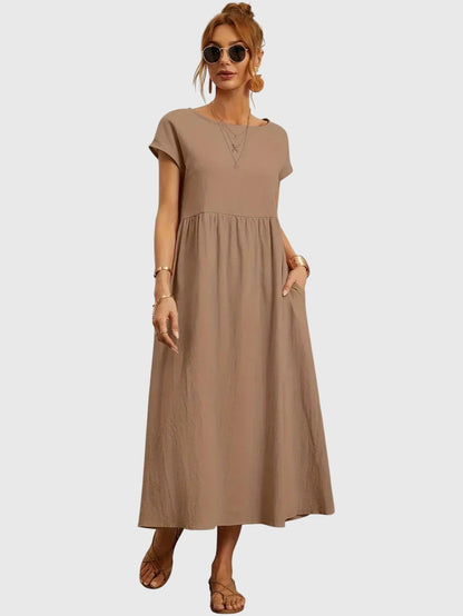 Effortless Round Neck Maxi Dress for Women with Short Sleeve Empire Waist Pocket Casual Style
