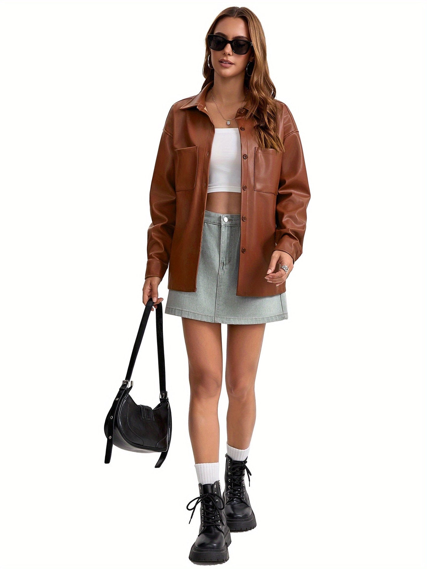 Effortless Leather Shirt Jacket for Women with Collar Button Front Relaxed Style
