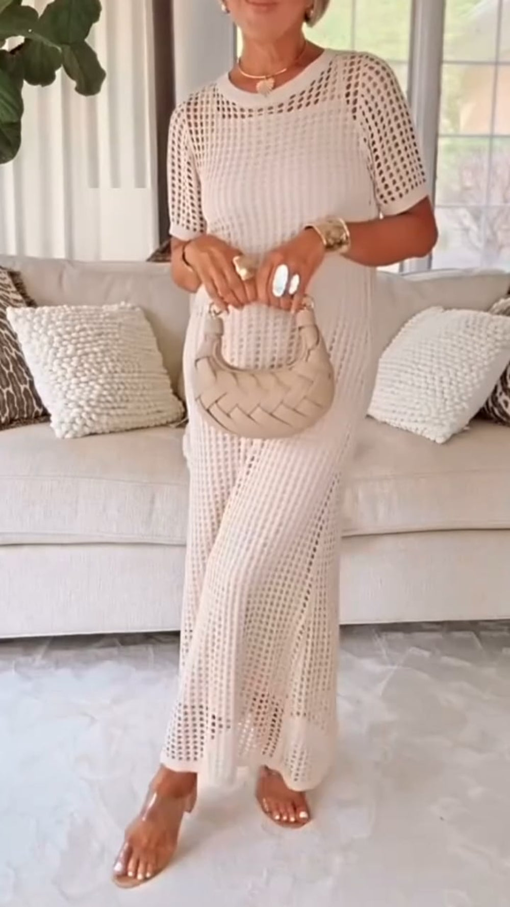 Effortless Two-Piece Set for Women with Boat Neck Short Sleeve Crochet Mesh Hollow Out Casual Style