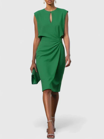 Elegant Sleeveless Midi Dress for Women with Keyhole Neck Ruched Waist Formal Style