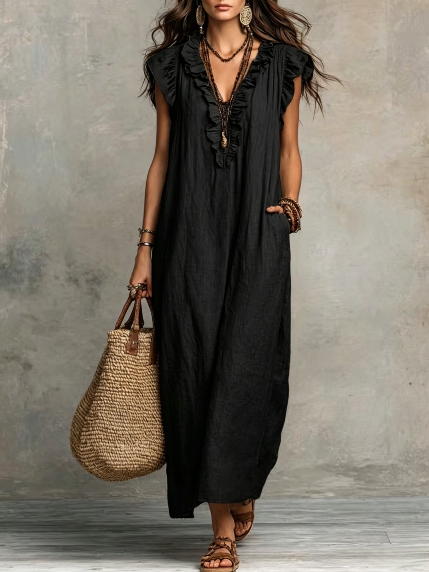 Effortless Maxi Dress for Women with V Neck Ruffled