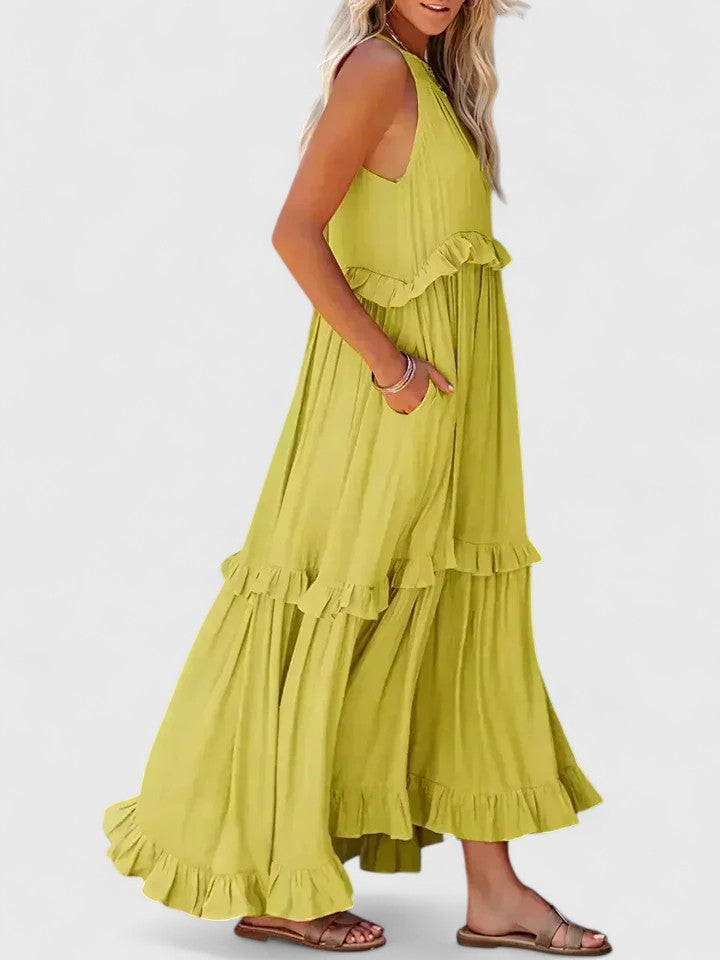 Effortless Ruffle Maxi Dresses for Women with Halter Neck Sleeveless Two Tone Casual Sundress Style