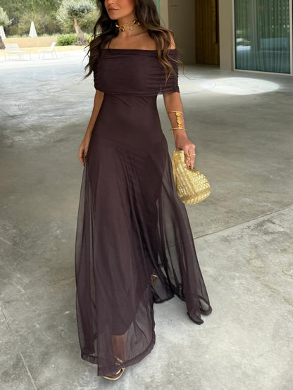 Elegant Maxi Dresses for Women with Mesh Off Shoulder Draped Neckline Ruched Bodycon Formal Style