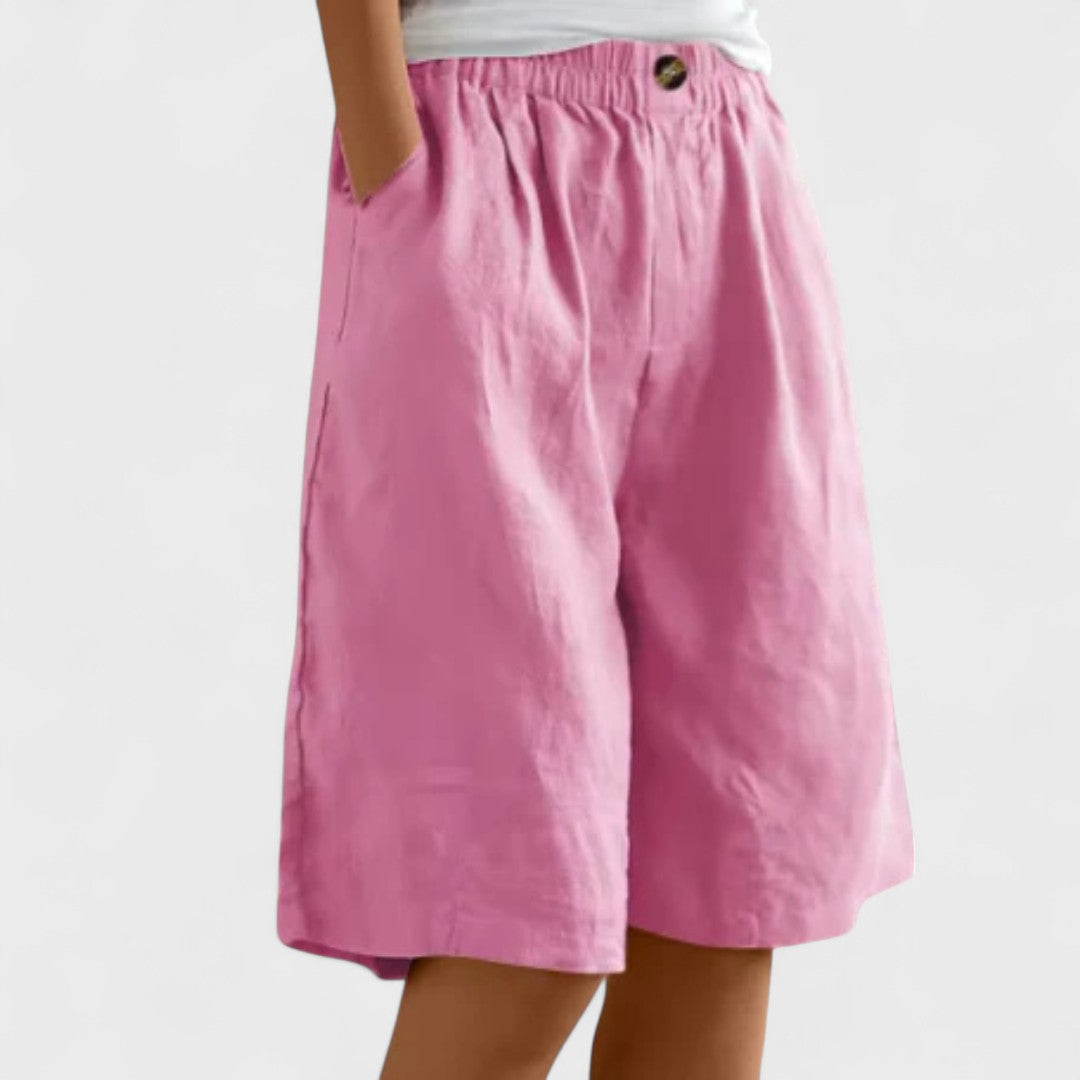 Effortless Linen Shorts for Women with High Waist Elastic Waistband Pocket Relaxed Casual Style