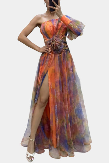 Elegant Abstract Print Maxi Dress for Women with One Shoulder Puff Sleeve Floral Waist Formal Style