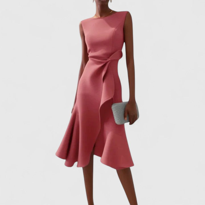 Elegant Sleeveless Midi Dress for Women with Asymmetric Ruffle Hem Formal Wedding Guest Style
