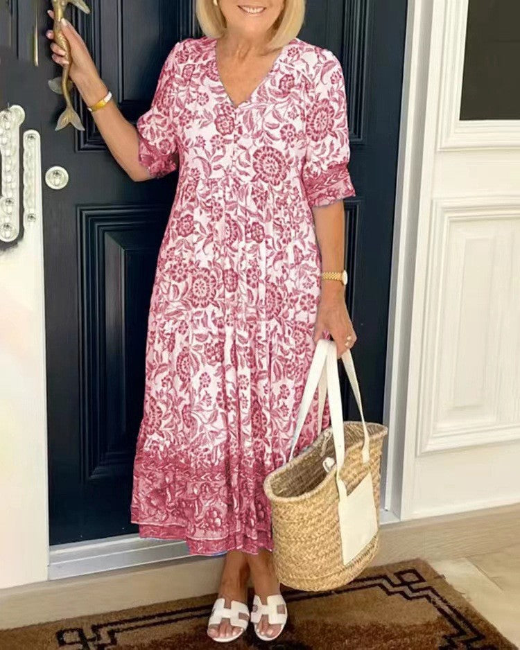 Stylish Flowy Floral Maxi Dress for Women with V Neck