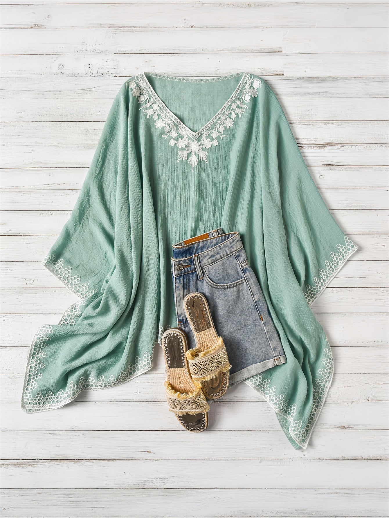 Effortless Poncho Shirt for Women with Embroidered Trim Batwing Sleeve Style