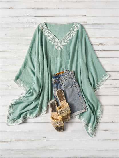 Effortless Poncho Shirt for Women with Embroidered Trim Batwing Sleeve Style