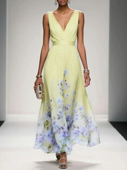 Elegant Floral Maxi Dress for Women with Deep V-Neck Sleeveless Formal Wedding Guest Style
