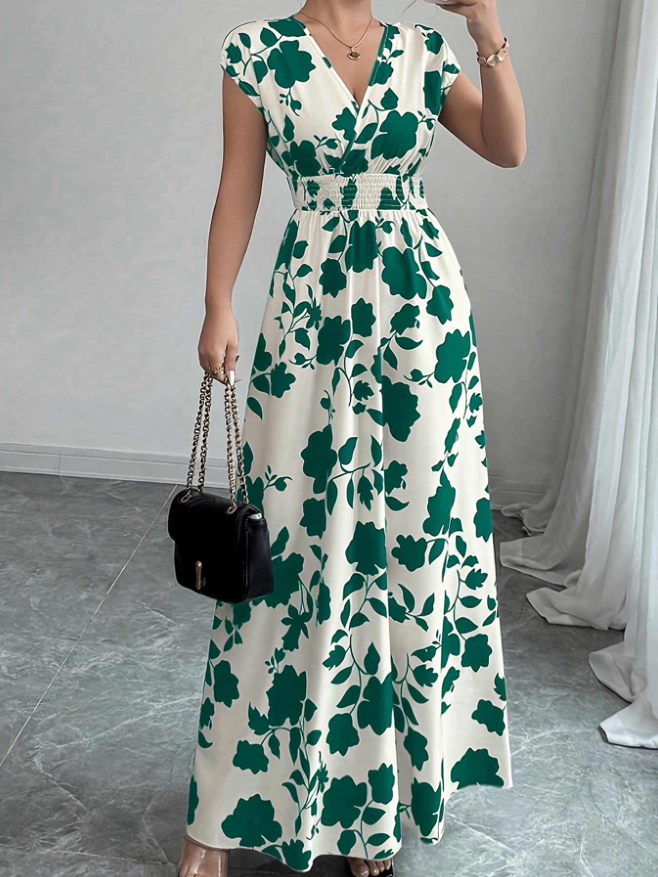 Elegant Floral Maxi Dress for Women with V Neck