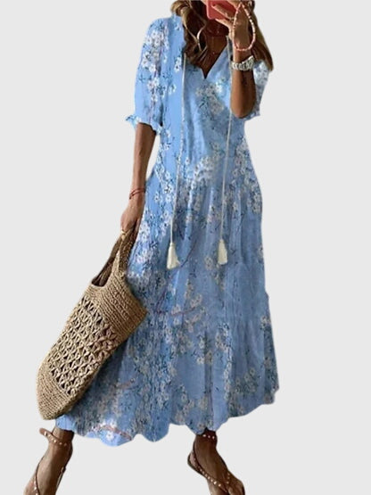Effortless Ikat Print Maxi Dress for Women with V-Neck Tassel Tie Short Sleeve Casual Style