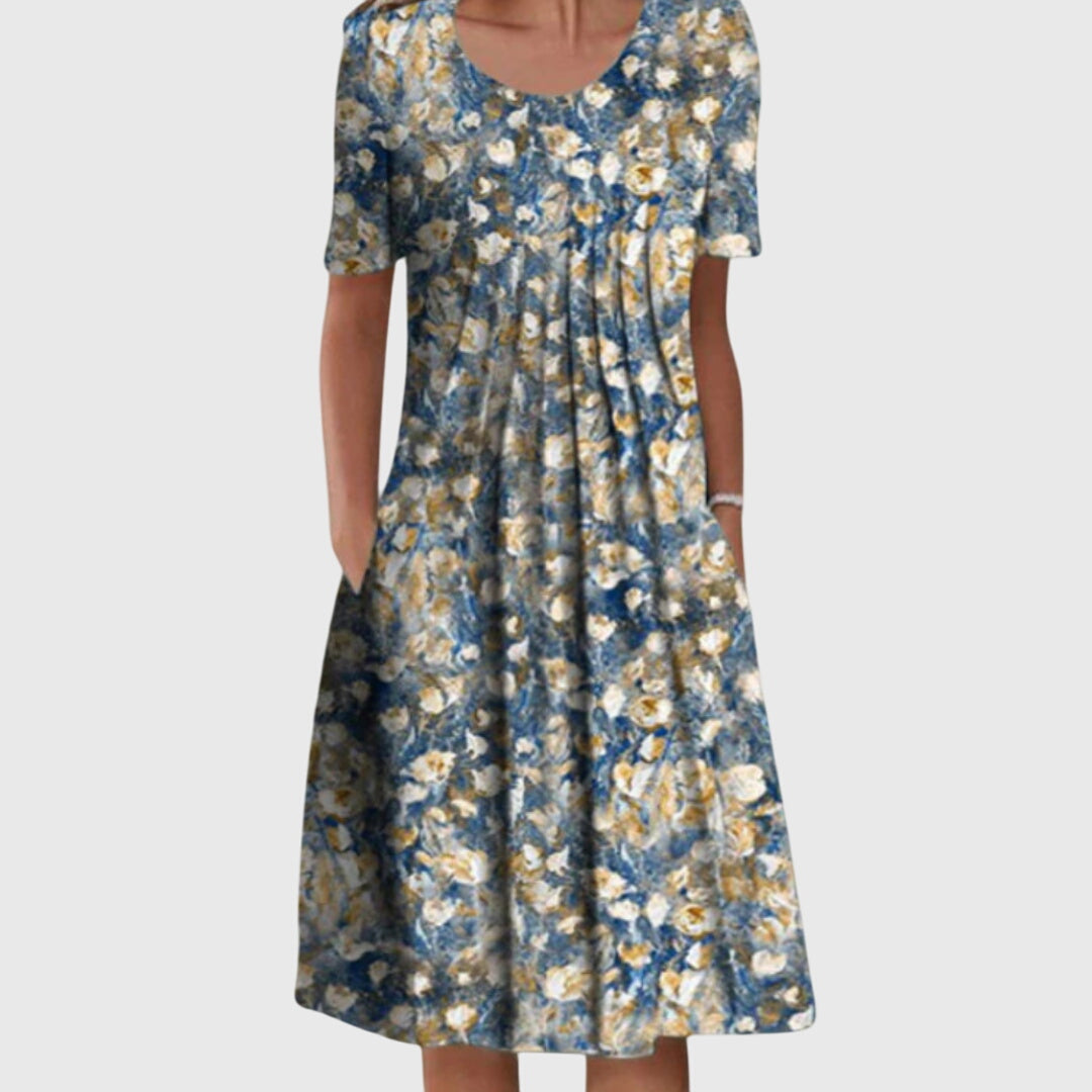 Elegant Printed Evening Dress for Women with Round Neck Formal Wedding Guest Style