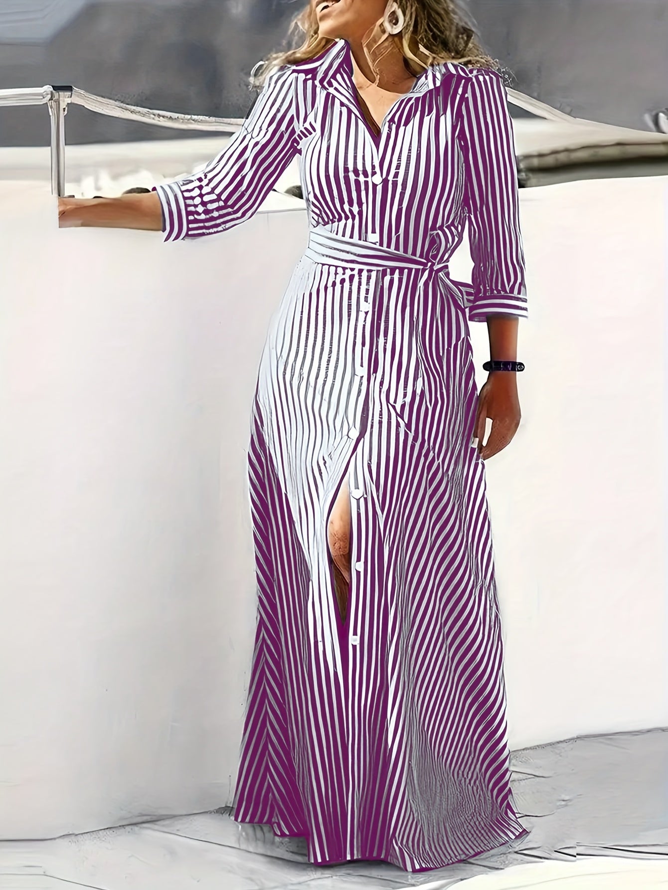 Effortless Striped Maxi Dress for Women with Collared Belted