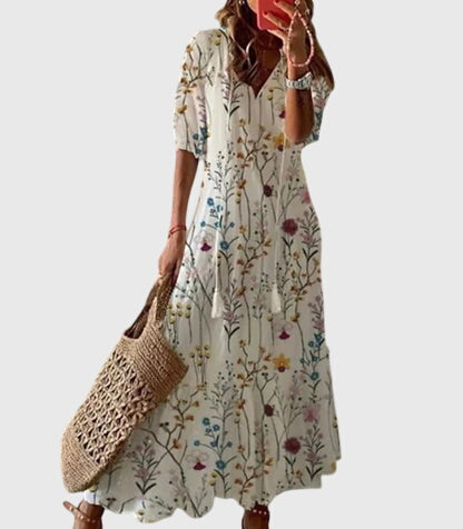 Effortless Ikat Print Maxi Dress for Women with V-Neck Tassel Tie Short Sleeve Casual Style