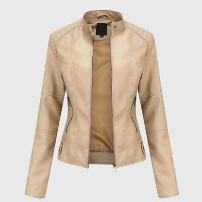 Elegant Leather Jacket for Women with Stand Collar Zip Front Fitted Style