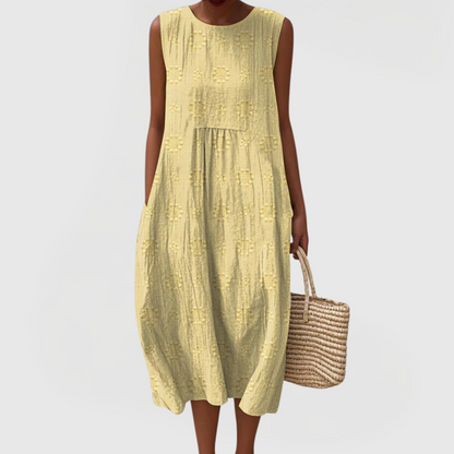 Effortless Embroidered Linen Casual Dresses for Women with Round Neck Sleeveless Pocket Midi Style