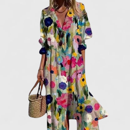 Effortless Floral Print Shirt Dress for Women with Button Down Long Sleeve Midi Style