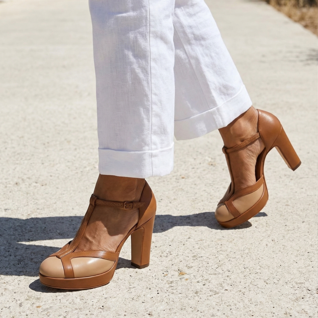 Comfortable Brown Heels for Women with T Strap Style