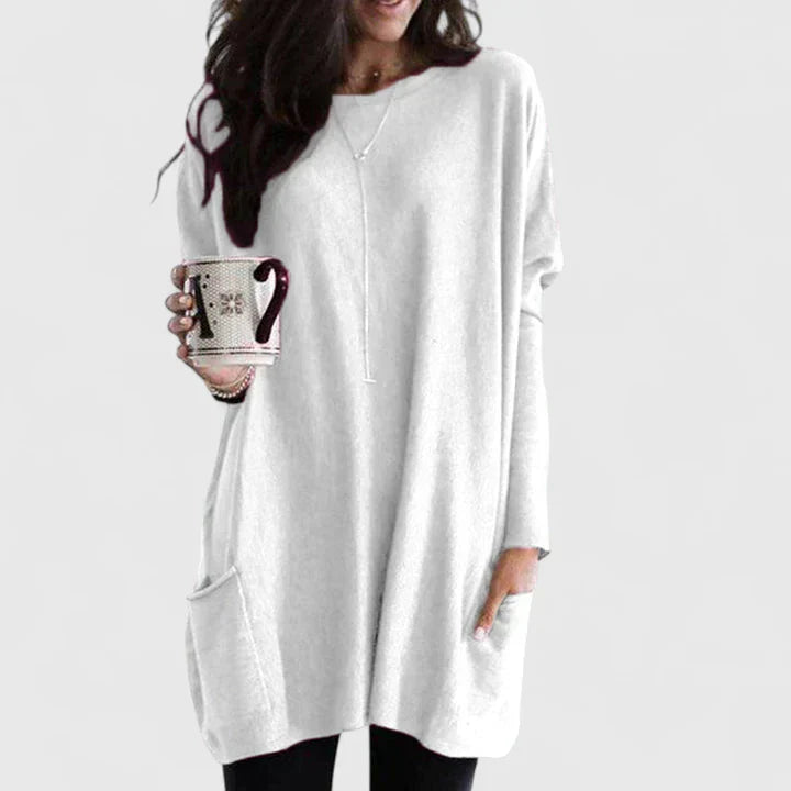 Comfortable Tunic for Women with Crew Neck Long Sleeve Oversized Pocket Casual Style