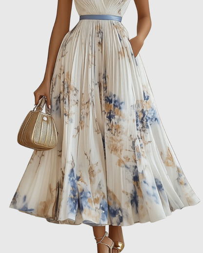 Elegant Floral Pleated Maxi Dress for Women with Deep V-Neck Sleeveless Belted Formal Wedding Guest Style