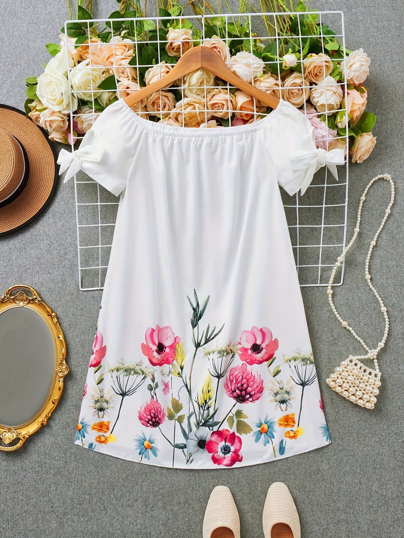 Effortless Floral Mini Dress for Women with Off Shoulder Bow