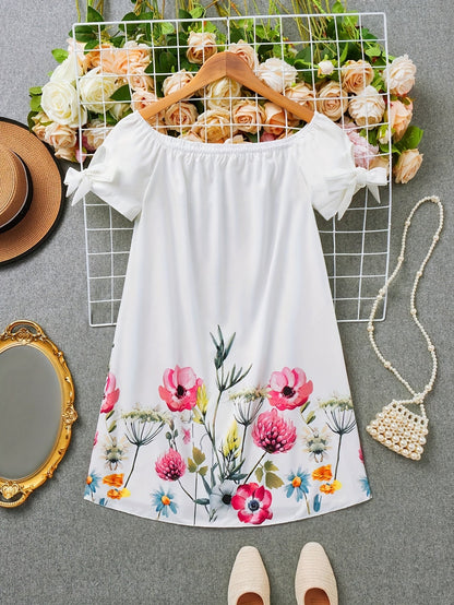 Effortless Floral Mini Dress for Women with Off Shoulder Bow