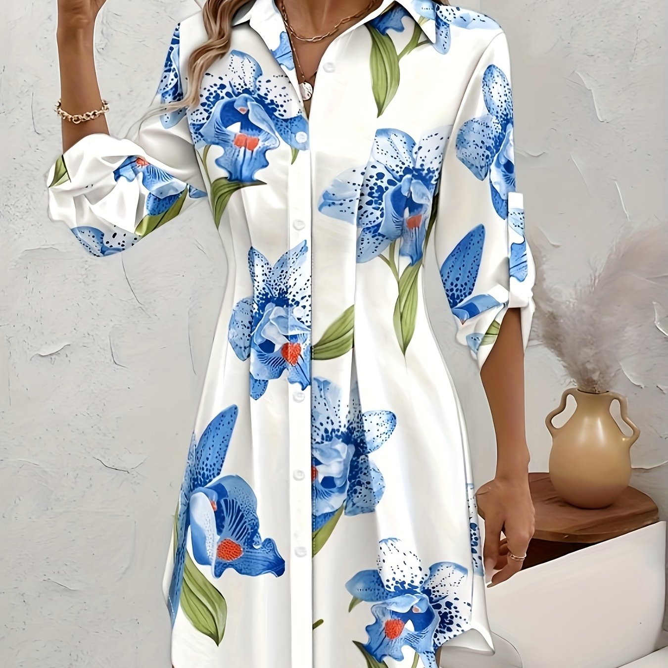 Effortless Floral Shirt Dress for Women with Collared Button Front