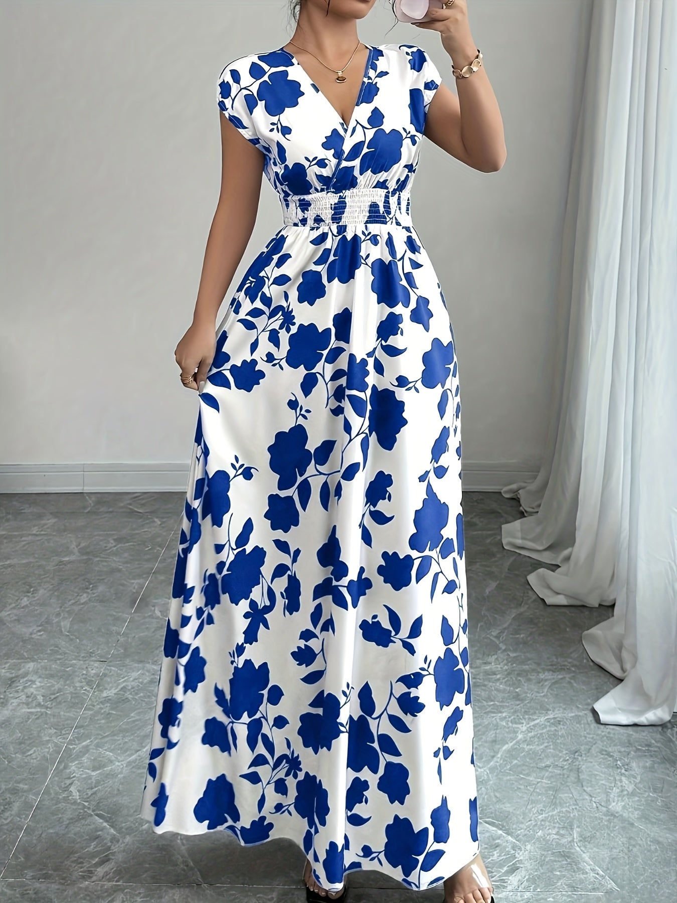 Elegant Floral Maxi Dress for Women with V Neck