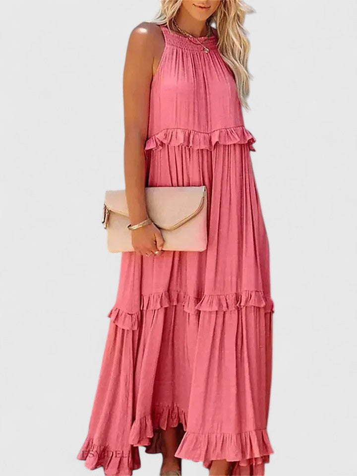 Effortless Ruffle Maxi Dresses for Women with Halter Neck Sleeveless Two Tone Casual Sundress Style
