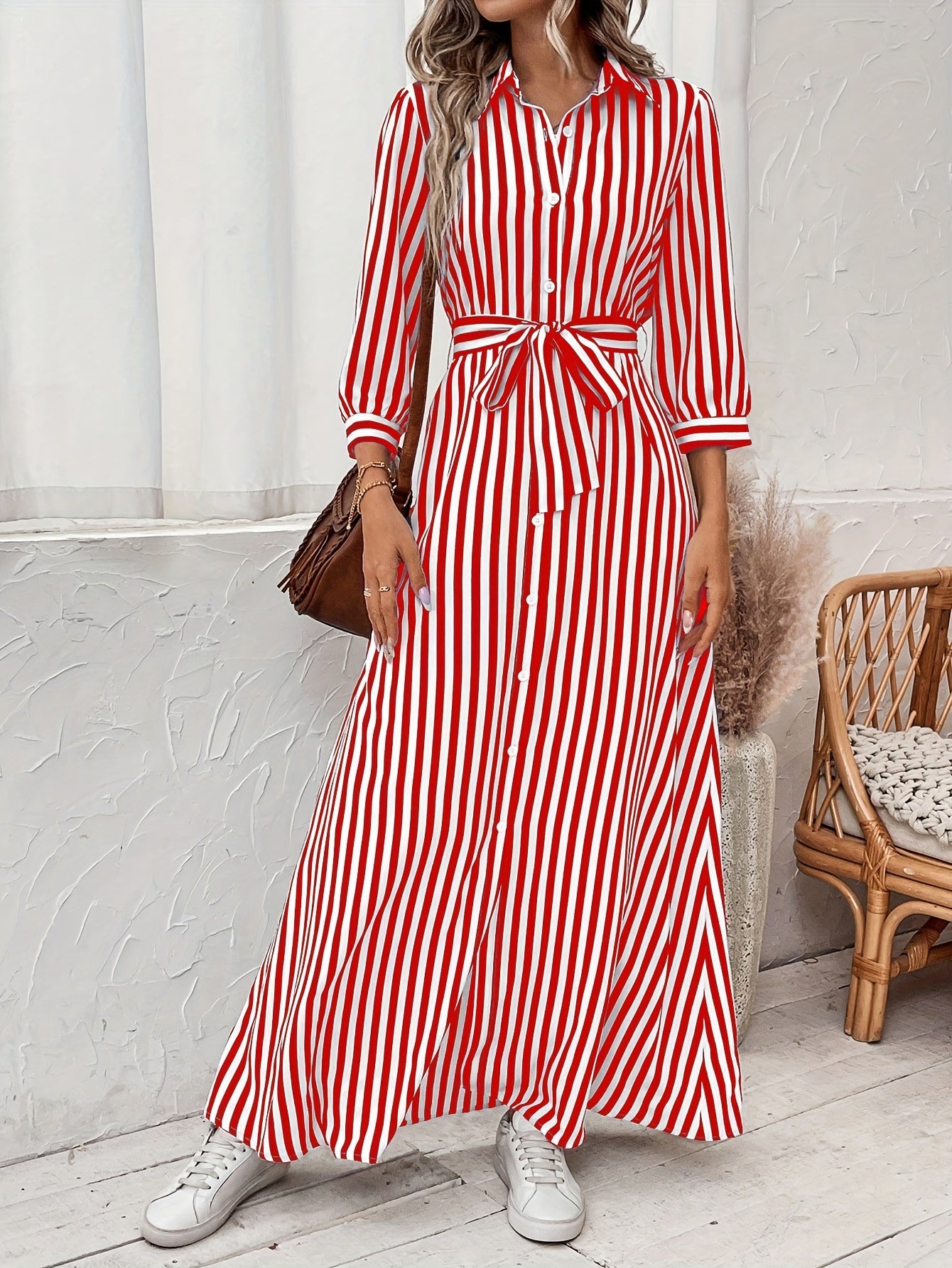 Effortless Striped Maxi Dress for Women with Collared Belted