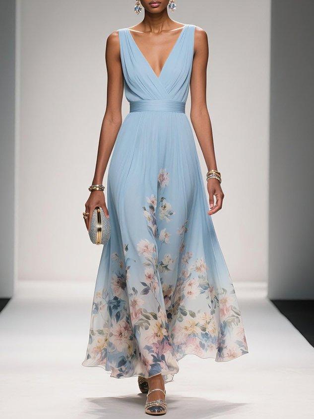 Elegant Floral Maxi Dress for Women with Deep V-Neck Sleeveless Formal Wedding Guest Style