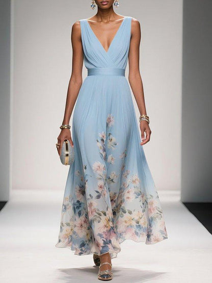 Elegant Floral Maxi Dress for Women with Deep V-Neck Sleeveless Formal Wedding Guest Style