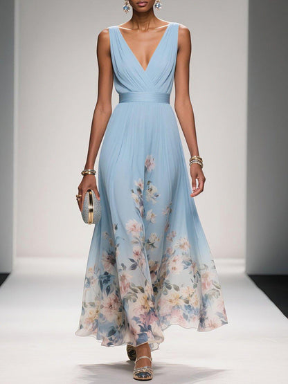 Elegant Floral Maxi Dress for Women with Deep V-Neck Sleeveless Formal Wedding Guest Style