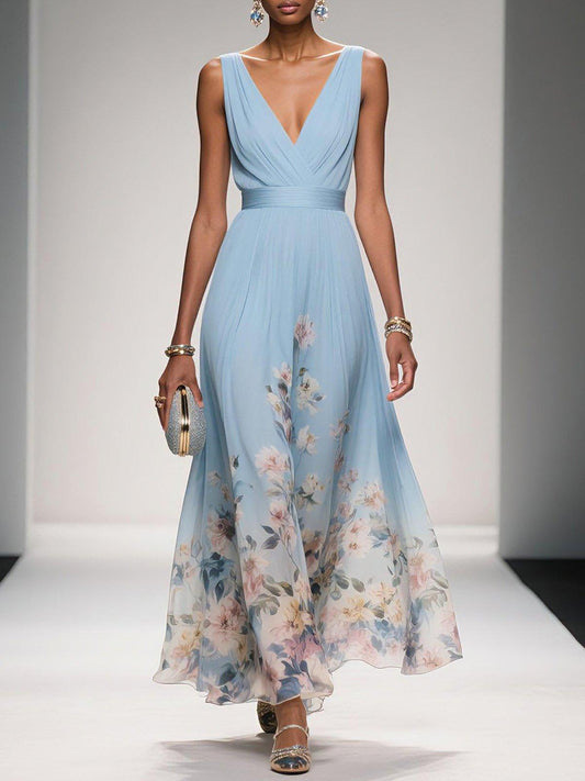 Elegant Floral Maxi Dress for Women with Deep V-Neck Sleeveless Formal Wedding Guest Style