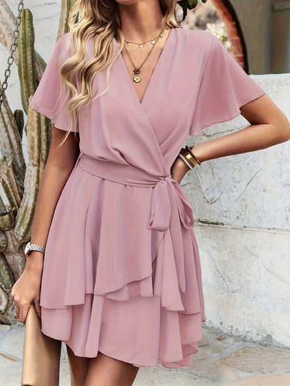 Stylish Wrap Mini Dress for Women with V Neck Ruffled