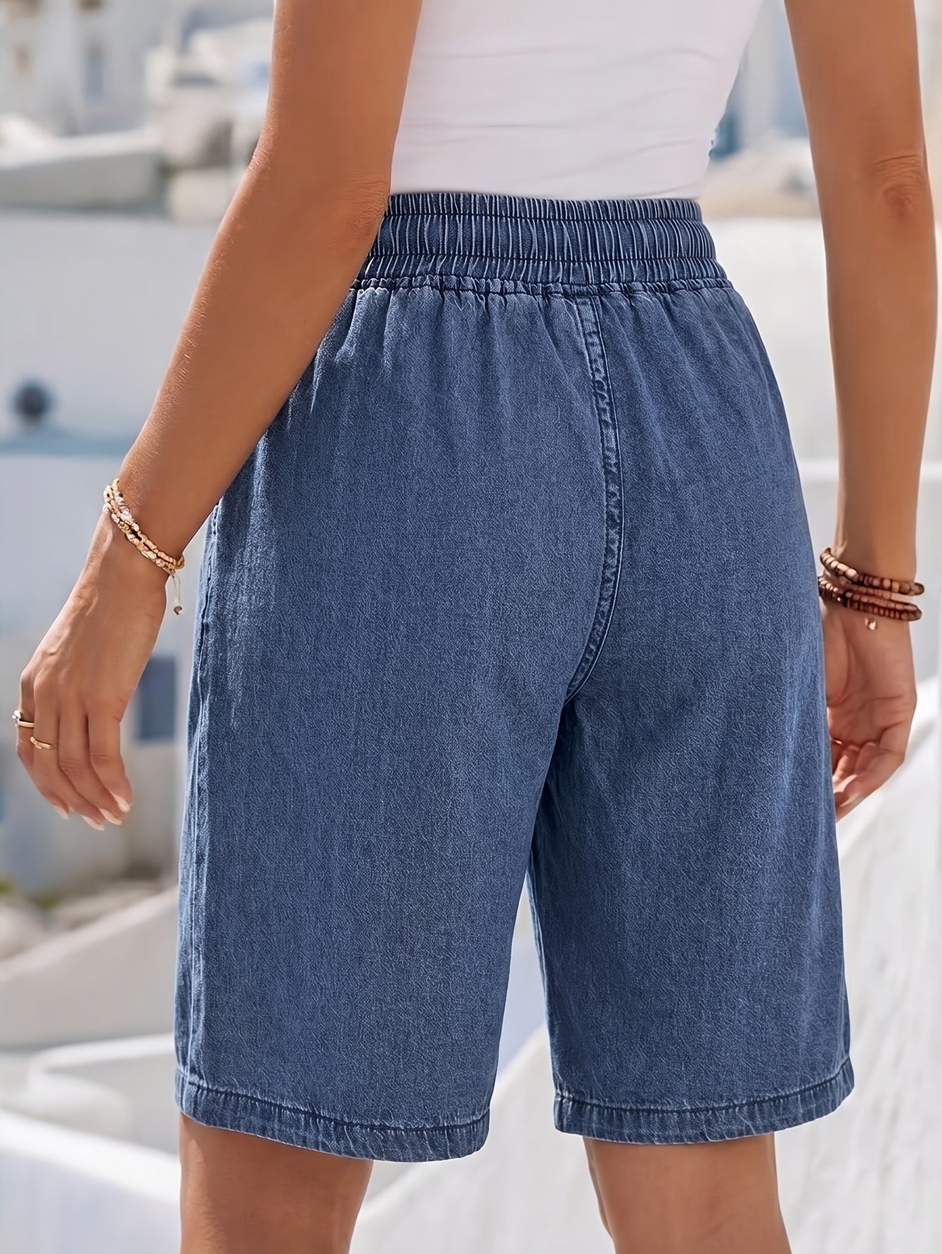 Effortless Blue Denim Bermuda Shorts for Women with Drawstring High Waist Relaxed Style