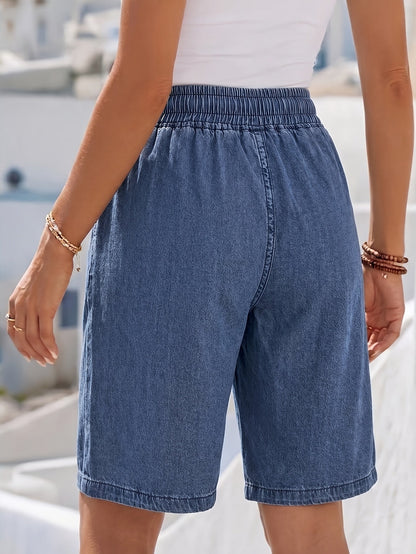 Effortless Blue Denim Bermuda Shorts for Women with Drawstring High Waist Relaxed Style