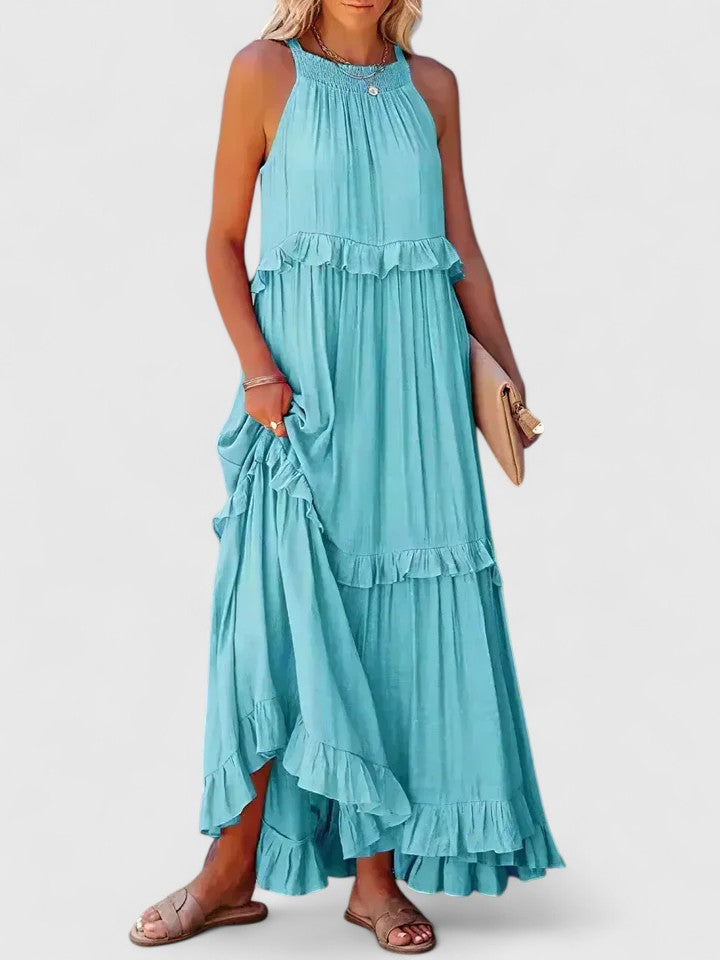 Effortless Ruffle Maxi Dresses for Women with Halter Neck Sleeveless Two Tone Casual Sundress Style
